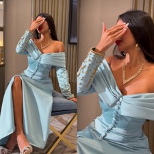 Sexy Beaded Off Shoulder Evening Dresses Buttons Long Sleeves Prom Party Dress
