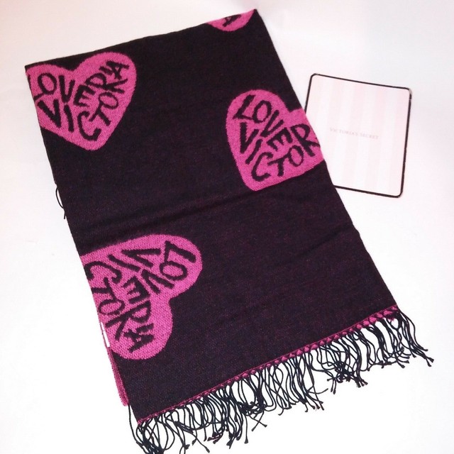 Victoria Secret Blanket Throw Black Pink Hearts Fringe 51" X 70" Brand