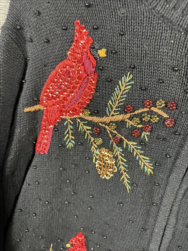 Heirloom Collectibles Christmas Sweater 2004 Bead Black Red Cardinals PM - Image 3 of 4
