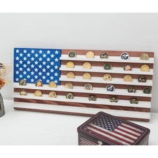 Vintage American Flag Solid Wood Wall Mounted Challenge Coin Display Holder Rack
