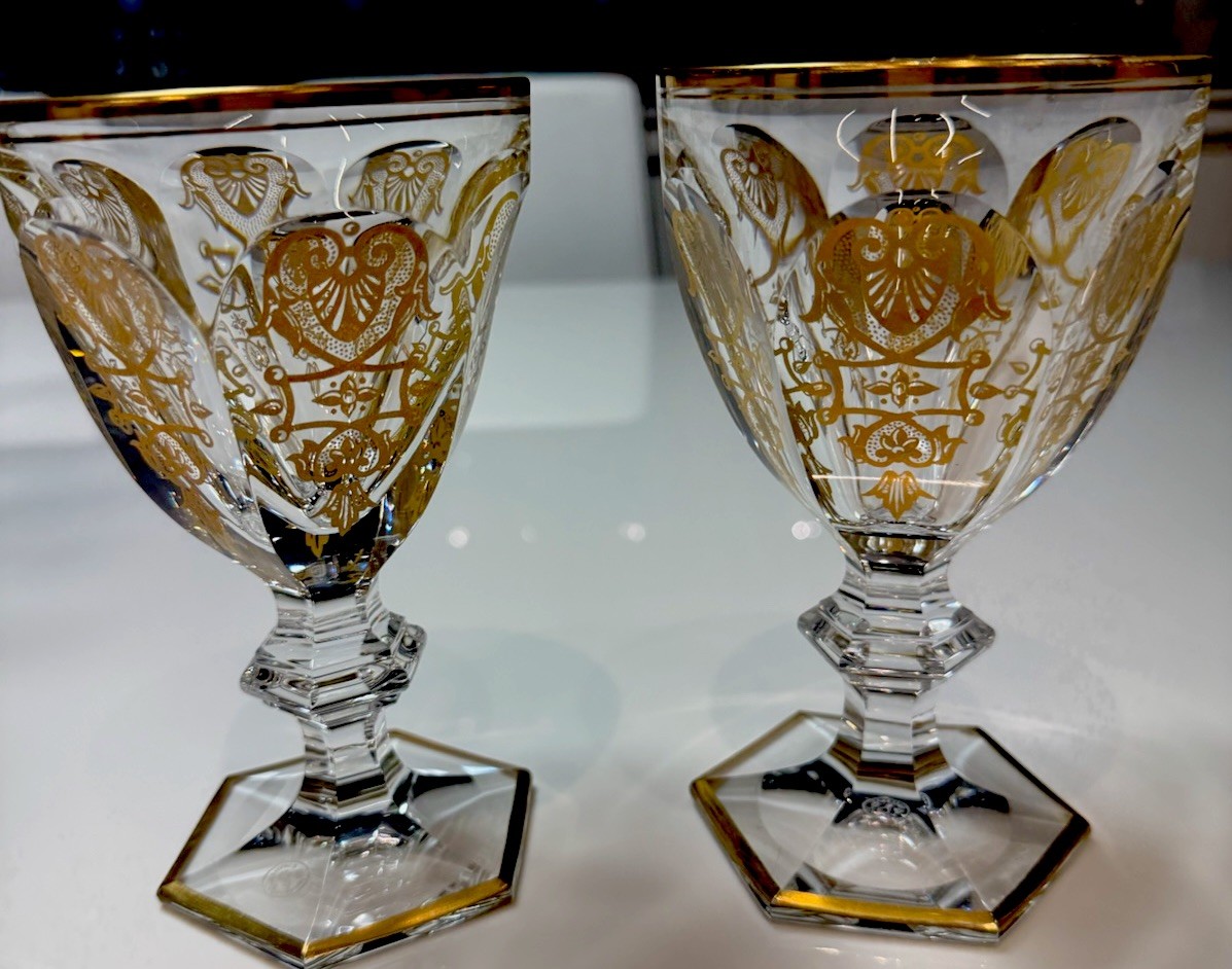 Baccarat Water Goblet Empire Harcourt Tall Gold Etched 6 3/8  2 pieces-image