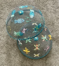 Set Vintage Mesh Food Screens Covers Picnic BBQ Bees & Fish Blue Trim 12” Dome ￼