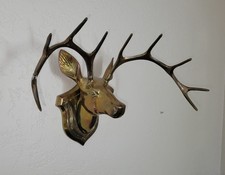 Vintage Brass Wall Mounted 10 Point Trophy Deer Buck Stag Head Antlers