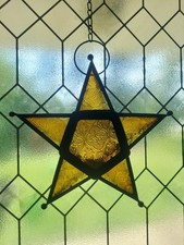 Yellow Stained Glass Metal Star Tea Light Candle Holder 10 tall Holiday