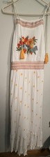 Farm Rio White Floral Embroidered Smocked Tassel Midi Dress Square Neck L
