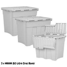 Image of Pack of 3 WHAM Large 80L Croc Plastic Boxes with Attached Lids Garage Storage