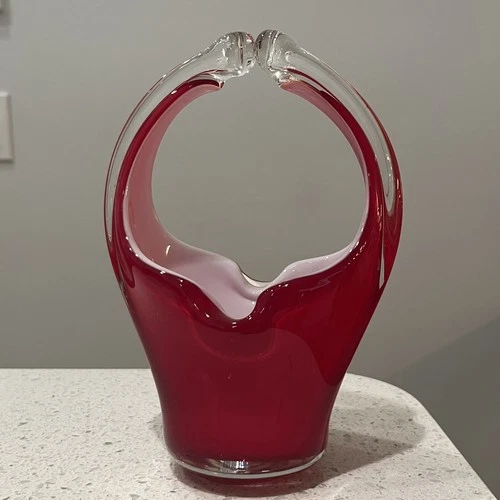 Vintage MCM Murano Style Hand Blown Glass Basket with Handle Red and White