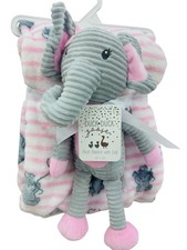 Duck Duck Goose Plush Blanket Elephant Theme with Doll Pink Gray 30x40 Crib