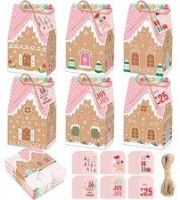 48Pcs Winter Treat Boxes Pink Gingerbread House Goodie Candy Bags with Tags X...