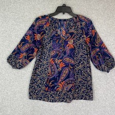 Chaps Top Womens PXS Navy Purple Sheer 1/4 Button  3/4 Sleeve Pullover Tunic