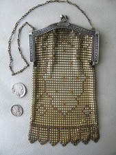 Antique Silver Frame Brown Pale Yellow Enamel Chain Mail Mesh Purse 1920S