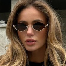 Polygon Cat Eye Sunglasses UV400 Metal Half Frame Vintage Women Glasses