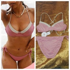 PilyQ 220 Evie Namaste Top Side Tie Bottom Bikini Small Shimmery Pink PQ Swim