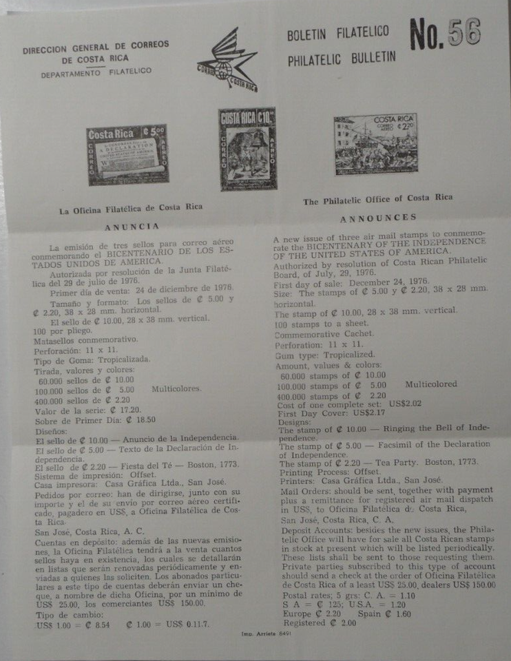 STAMPMART COSTA RICA PORT PAYE PHILATELIC OFFICIAL COVER + BULLETIN