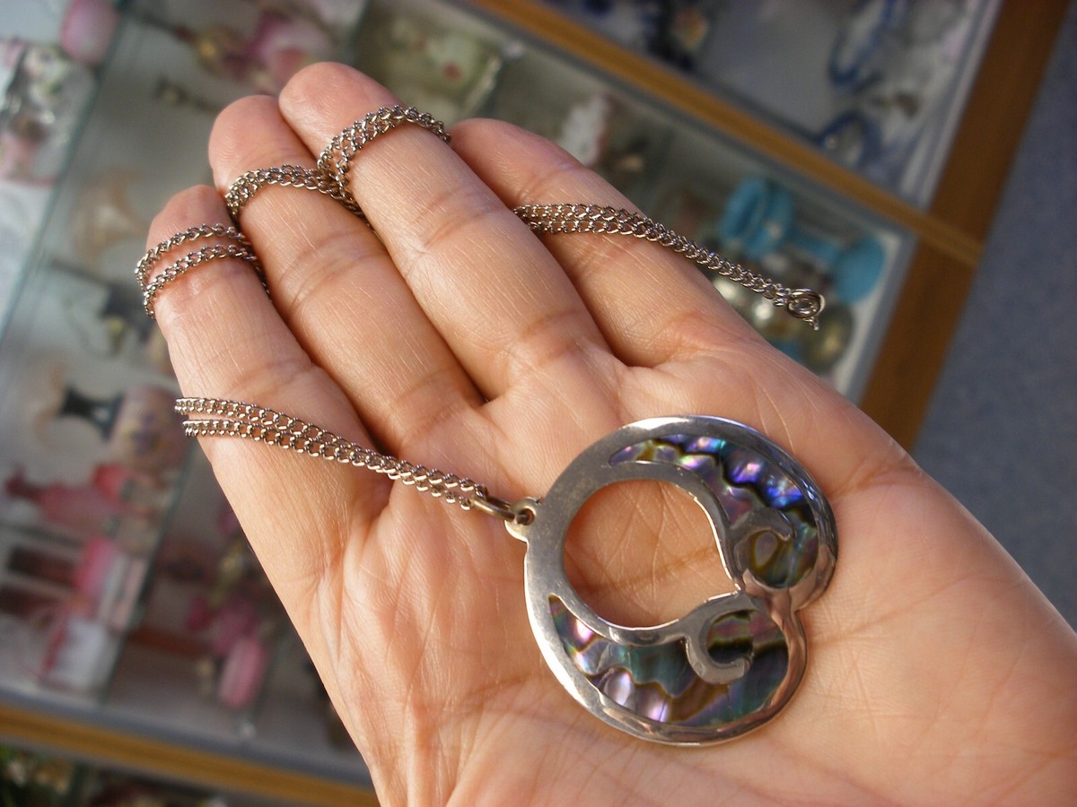 Vintage Necklace Mexican Silver Abalone Pedant Marked Mexico 