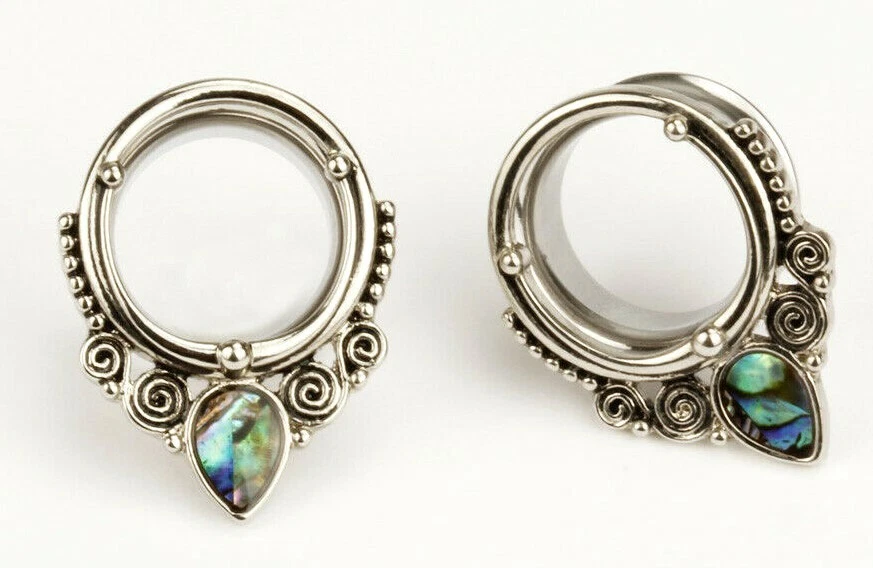 1x Abalone Shell Teardrop Silver Opal Steel Earring Tunnel Double Flare Ear Plug - Image 4 of 4