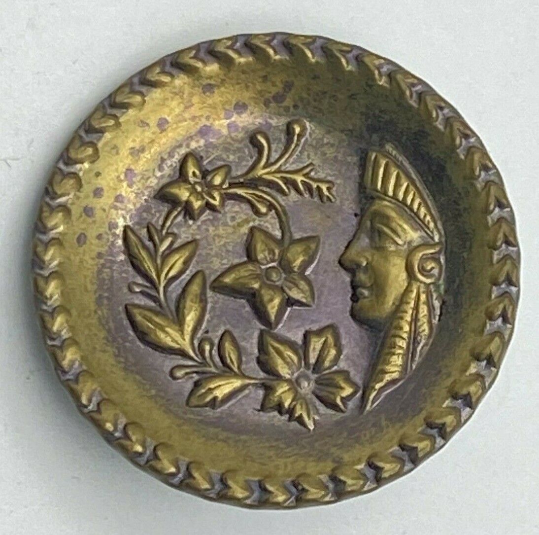 Antique Stamped Brass Picture Button Egyptian Woman & Flowers 1