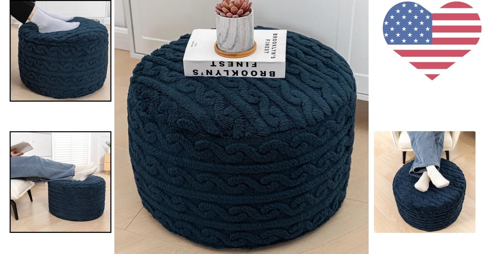 Elegante puf otomano redondo azul marino - taburete de felpa para una comodidad versátil Foto 2 de 4