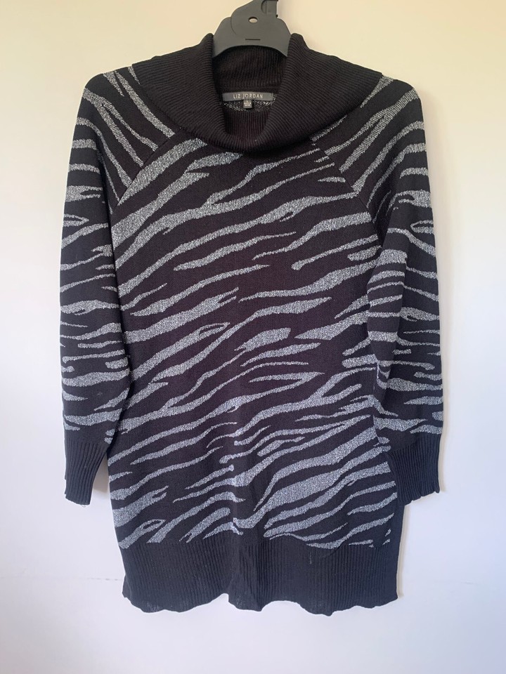LIZ JORDAN LONG SLEEVE ROLL NECK BLACK & SILVER TIGHT KNIT ZEBRA JUMPER SIZE 14