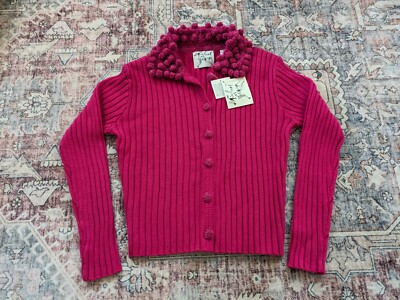 Vintage Michael Simon New York Pink Ribbed Cardigan Puffball Collar Whimsy Clown