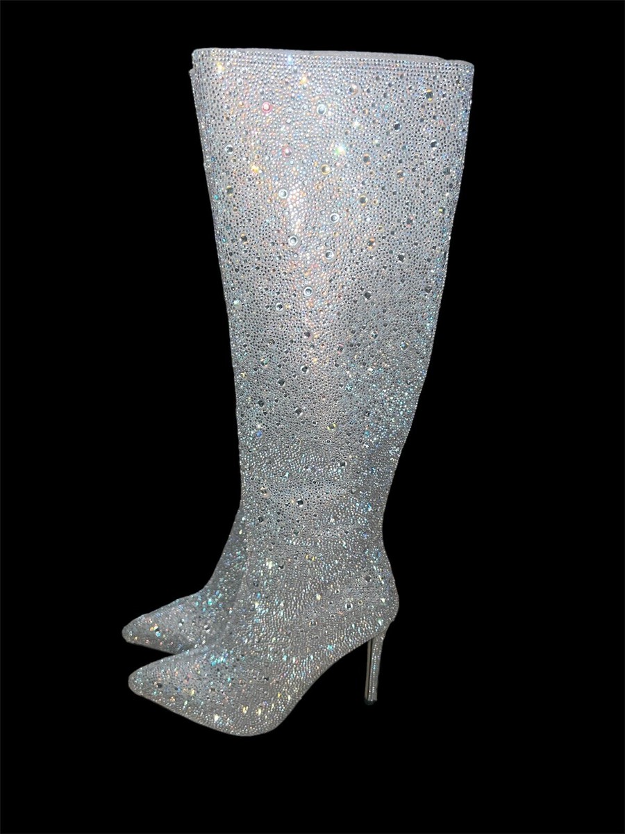 Women Knee High Rhinestones Glitter High Heel Boots Zipper Crystal  Stilettos S