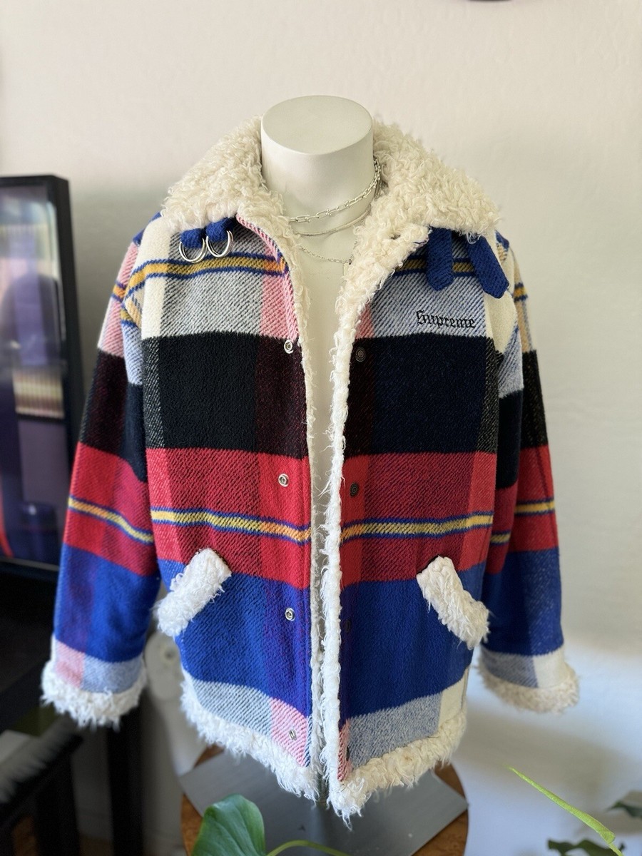 Supreme Shearling Bomber Jacket Plaid Fleece Sherpa Lined Supreme Shearling Bomber Jacket Plaid Fleece Sherpa Lined