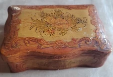 Antique 5 1/2" x 3 1/2" Painted Primitive Wooden Hinged Trinket Box JAPAN Regist