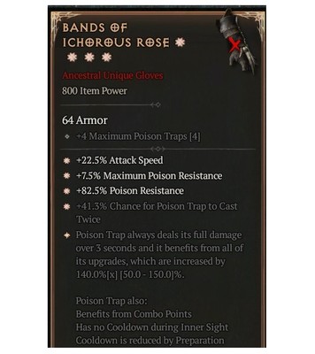 Diablo 4 Eternal Bands Of Ichorous Rose 4GA 140% Unique Gloves Equipment Gear