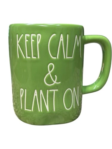 Rae Dunn KEEP CALM & PLANT ON 16oz Green Coffee Tea Mug Cup Magenta Collection