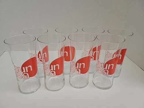 Vintage 1970s  Red Sun Tea Drinking Glass Glasses 6 1/2"Set of 8