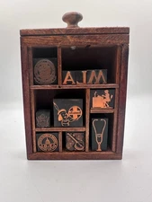 Vintage Letterpress Copper Printing Blocks w/ Mini Wood Type Case Drawer Set