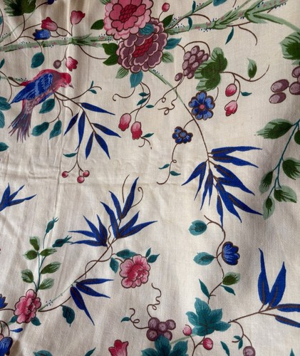 Vintage French Chinoiserie Floral Bird Grapes Cotton Fabric ~ Blue Pink Green - Picture 7 of 14