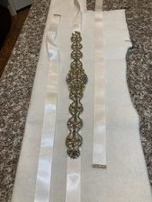 Bridal White Ribbon with Rhinestone and Beaded Sash Belt