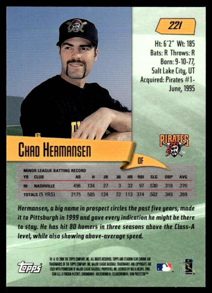 2000 Stadium Club Chrome Chad Hermansen Pittsburgh Pirates #221 - Image 2 of 2
