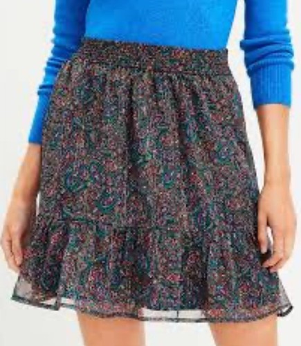 LOFT Sz XL Tiered Mini Skirt Paisley Shimmer Flowy Lined Coquette Feminine Twee
