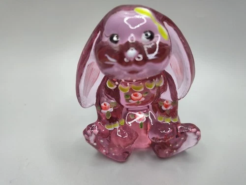 Fenton Hand Painted Art Glass Bunny Rabbit Figurine Rose 3.5"H x 2.75"W Signed