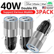 Car Charger 40W Dual PD USB-C Fast Adapter For iPhone 16 15 14 13 12 11 Pro Max