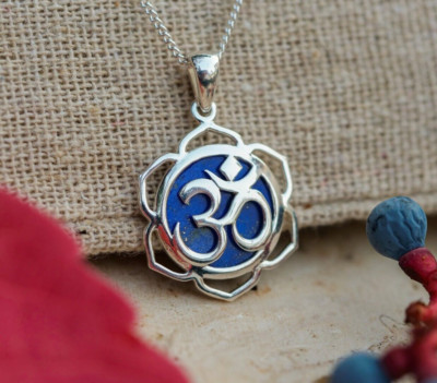 Lapis Lazuli OM Necklace, OM Symbol Pendant Yoga Inspired Silver Pendant, New
