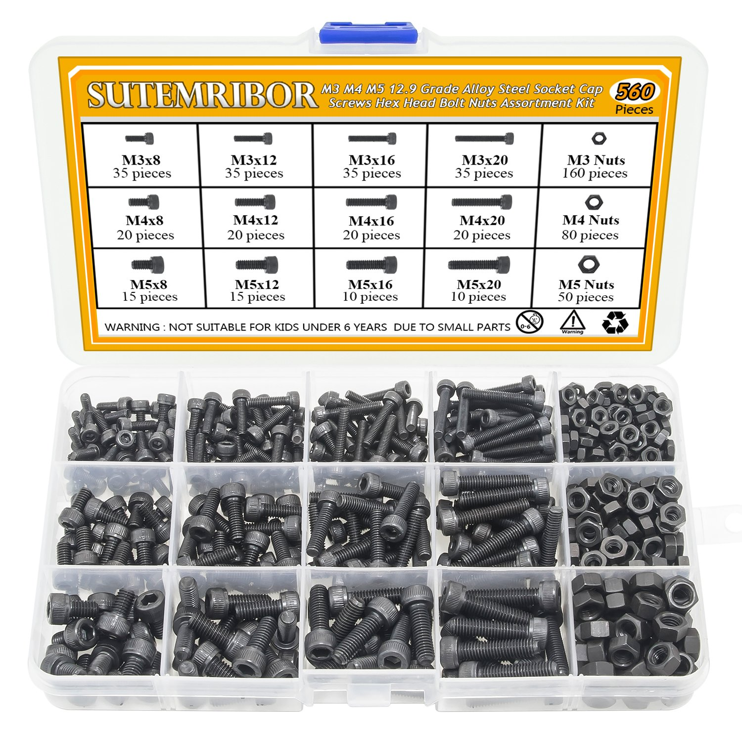 M3 M4 M5 Alloy Steel Socket Cap Screws Hex Head Bolt Nuts Assortment Kit (560 PC