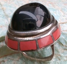 Erte CFA Sterling Silver Art Deco Ring Sz 4.6 Onyx Coral Circle Of Fine Arts 