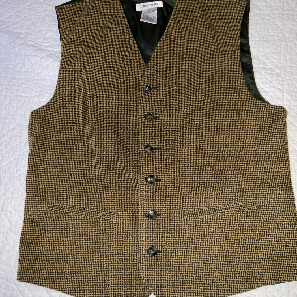 Chaleco Hombre Talla S Pequeño Disfraz Victoriano Eduardiano Terciopelo Tostado Oliva Cuadros Foto 4 de 4