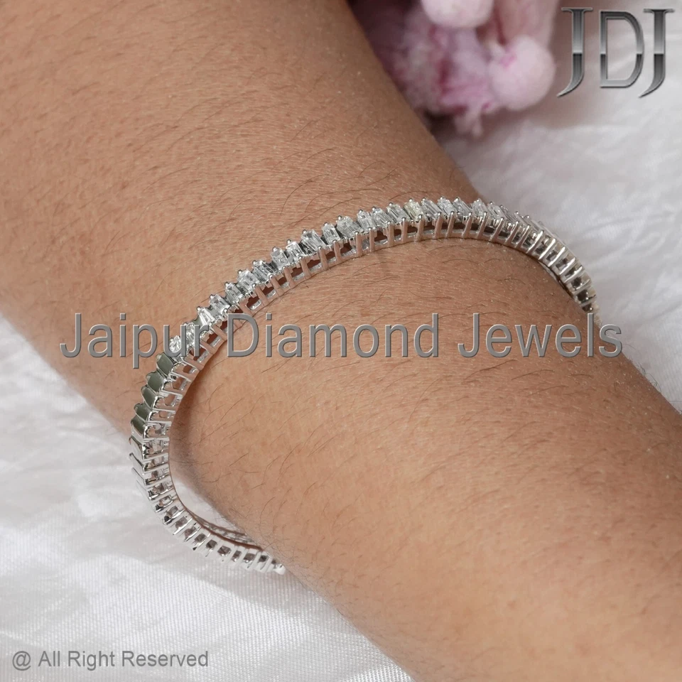Brazalete brazalete genuino baguette diamante sólido oro blanco 14k joyería diseñador encanto Foto 3 de 4
