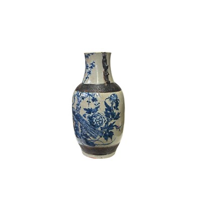 Vintage Chinese Crackle Ceramic Blue White Flower Birds Vase