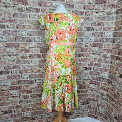 Per Una Midi Dress Green Pink Floral UK 14 Cotton Fit Flare Lined - Picture 11 of 13