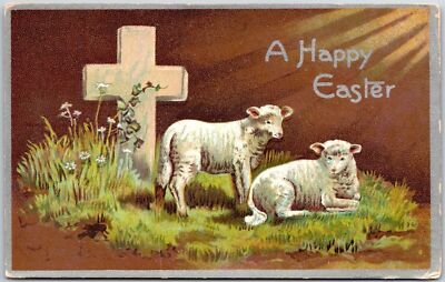 1915 A Happy Easter Crucifix Sheeps Grass Greetings Card Posted Postcard