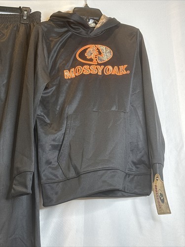 Mossy Oak 14 16 Sweat Pants Shirt 2PC Hooded Camo Neon Active Black Gym Sports - Picture 3 of 10
