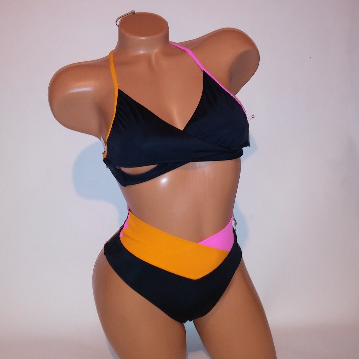 Victoria Secret PINK Swim Bikini XS Top & Bottom Black Pink Orange