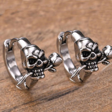 Mens Silver Small Skull Huggie Hoop Earrings Gothic Punk Jewelry Surgical Steel