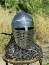 Medieval Bascinet Helmet with Chainmail - Steel LARP Knight Armor