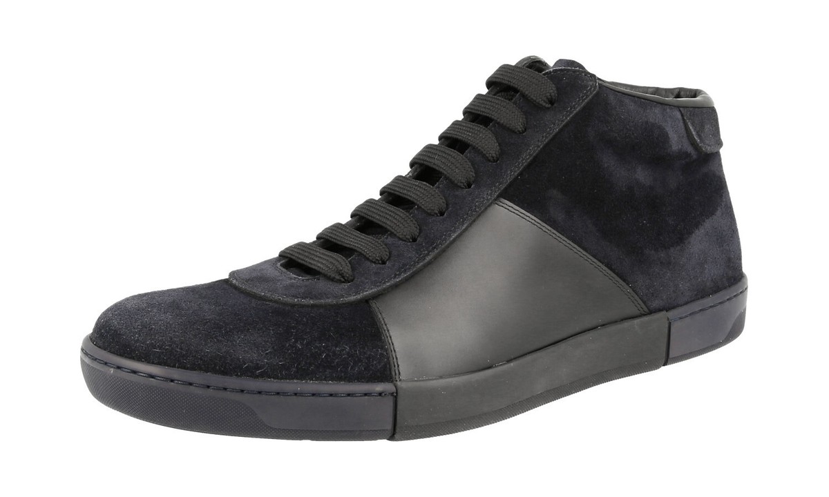 Navy blue and black leather Prada high tops PRADA Leather Nylon Downtown High Top Sneakers Navy Blue  main image 3